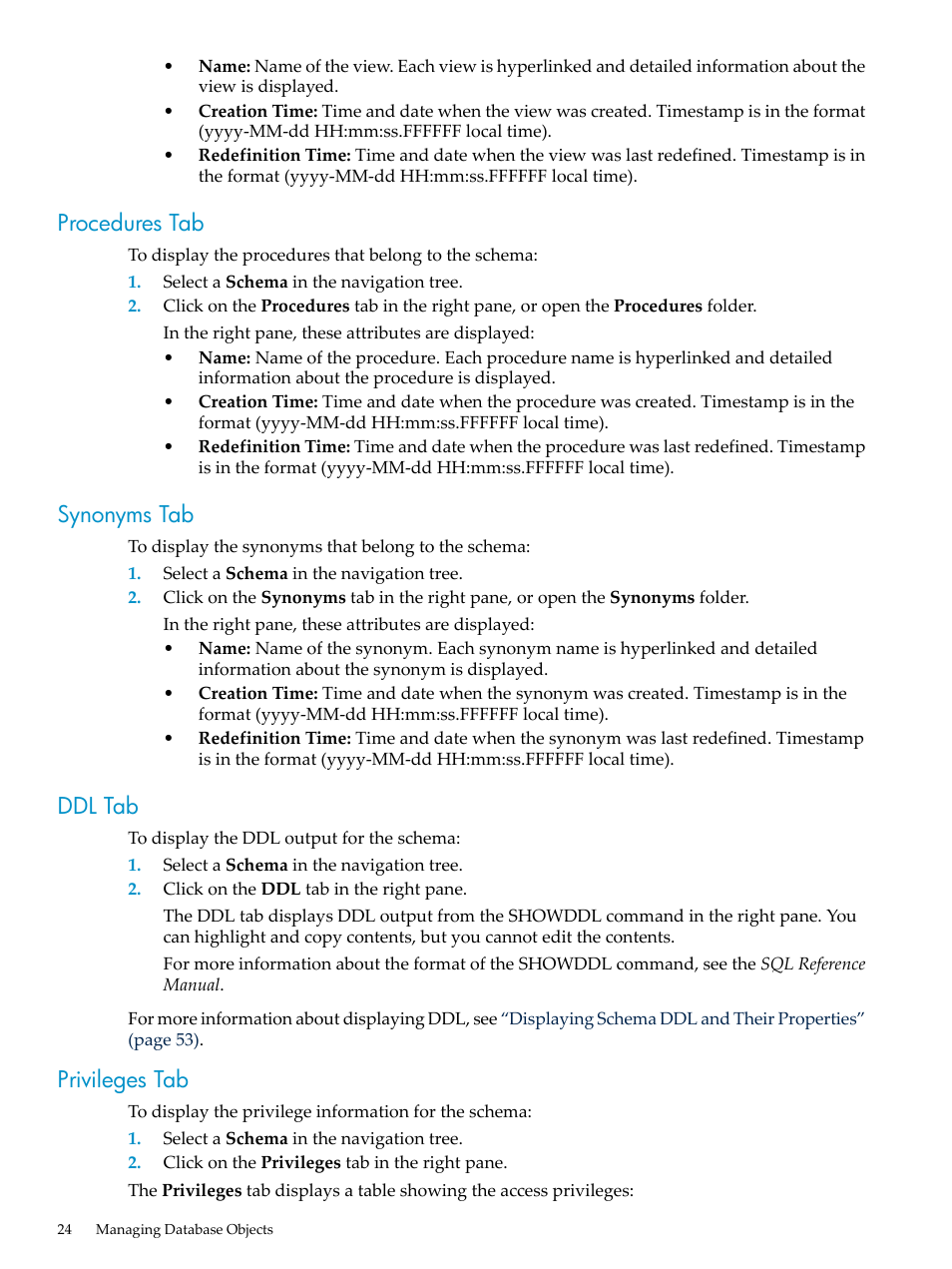 Procedures tab, Synonyms tab, Ddl tab | Privileges tab, Procedures tab synonyms tab ddl tab privileges tab | HP Neoview Release 2.4 Software User Manual | Page 24 / 70