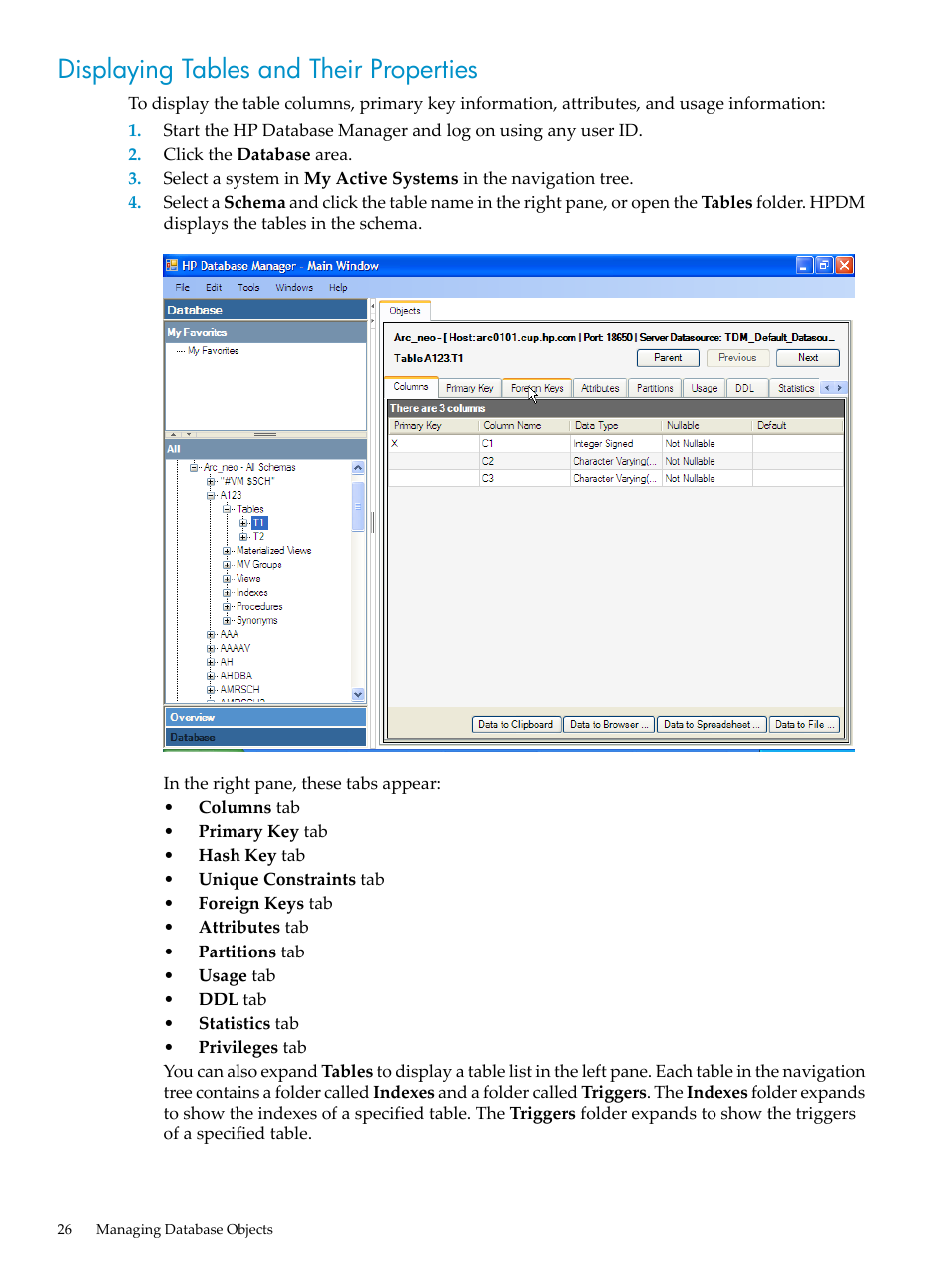 Displaying tables and their properties | HP Neoview Release 2.4 Software User Manual | Page 26 / 70