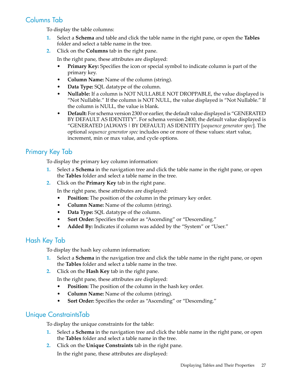 Columns tab, Primary key tab, Hash key tab | Unique constraintstab, Primary key tab hash key tab unique constraintstab | HP Neoview Release 2.4 Software User Manual | Page 27 / 70