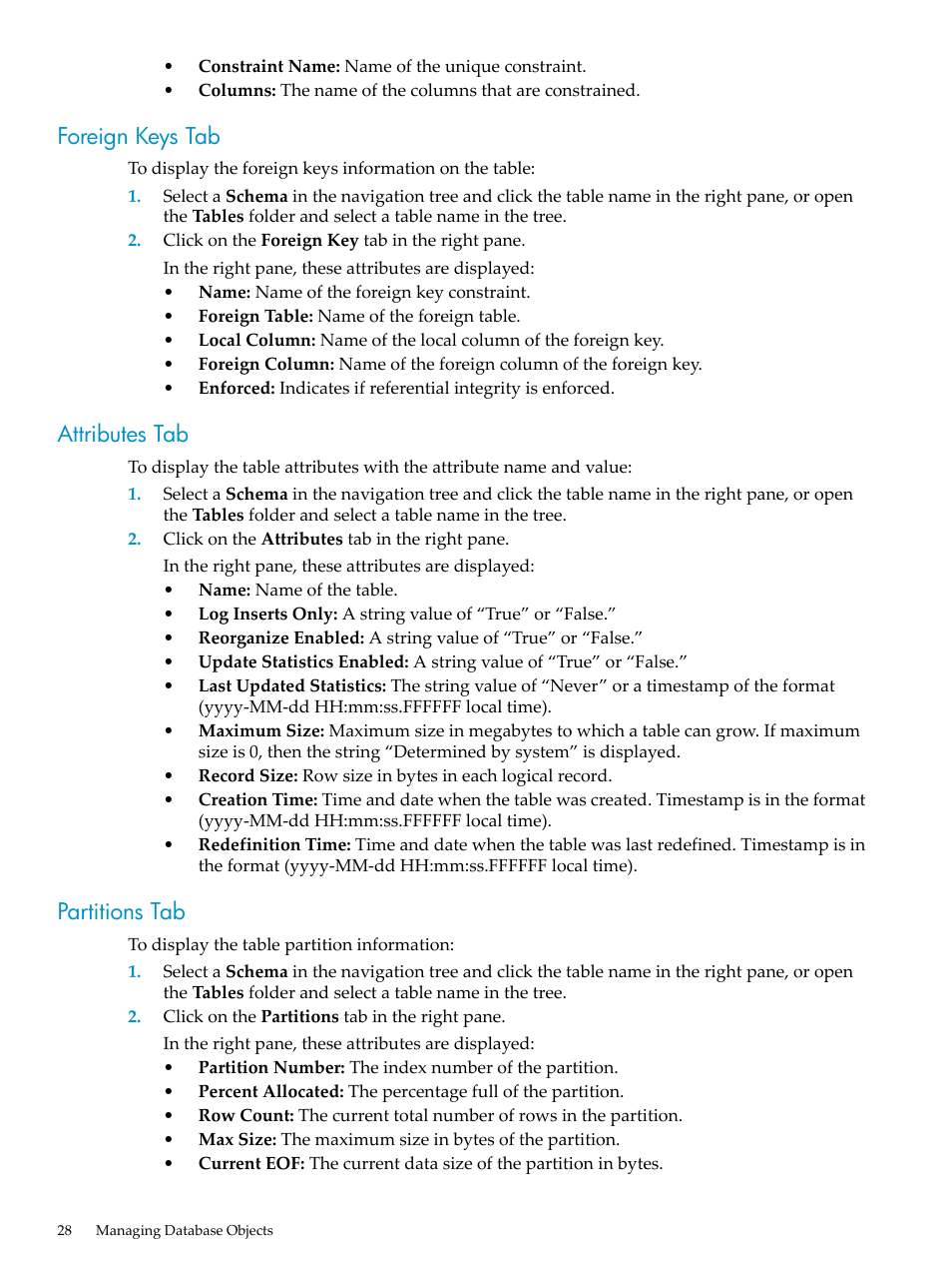 Foreign keys tab, Attributes tab, Partitions tab | Foreign keys tab attributes tab partitions tab | HP Neoview Release 2.4 Software User Manual | Page 28 / 70