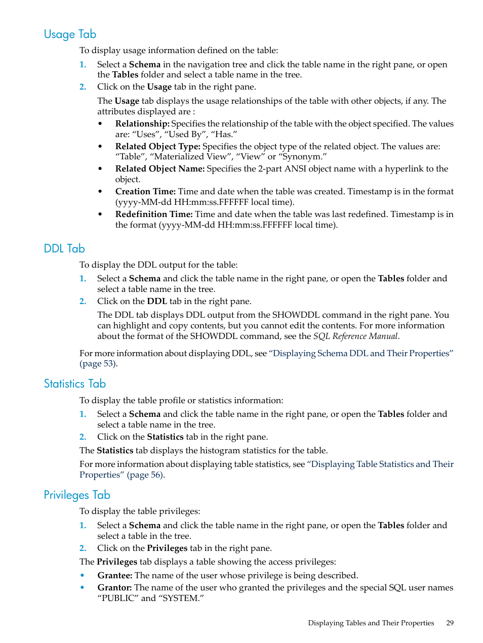 Usage tab, Ddl tab, Statistics tab | Privileges tab, Usage tab ddl tab statistics tab privileges tab | HP Neoview Release 2.4 Software User Manual | Page 29 / 70