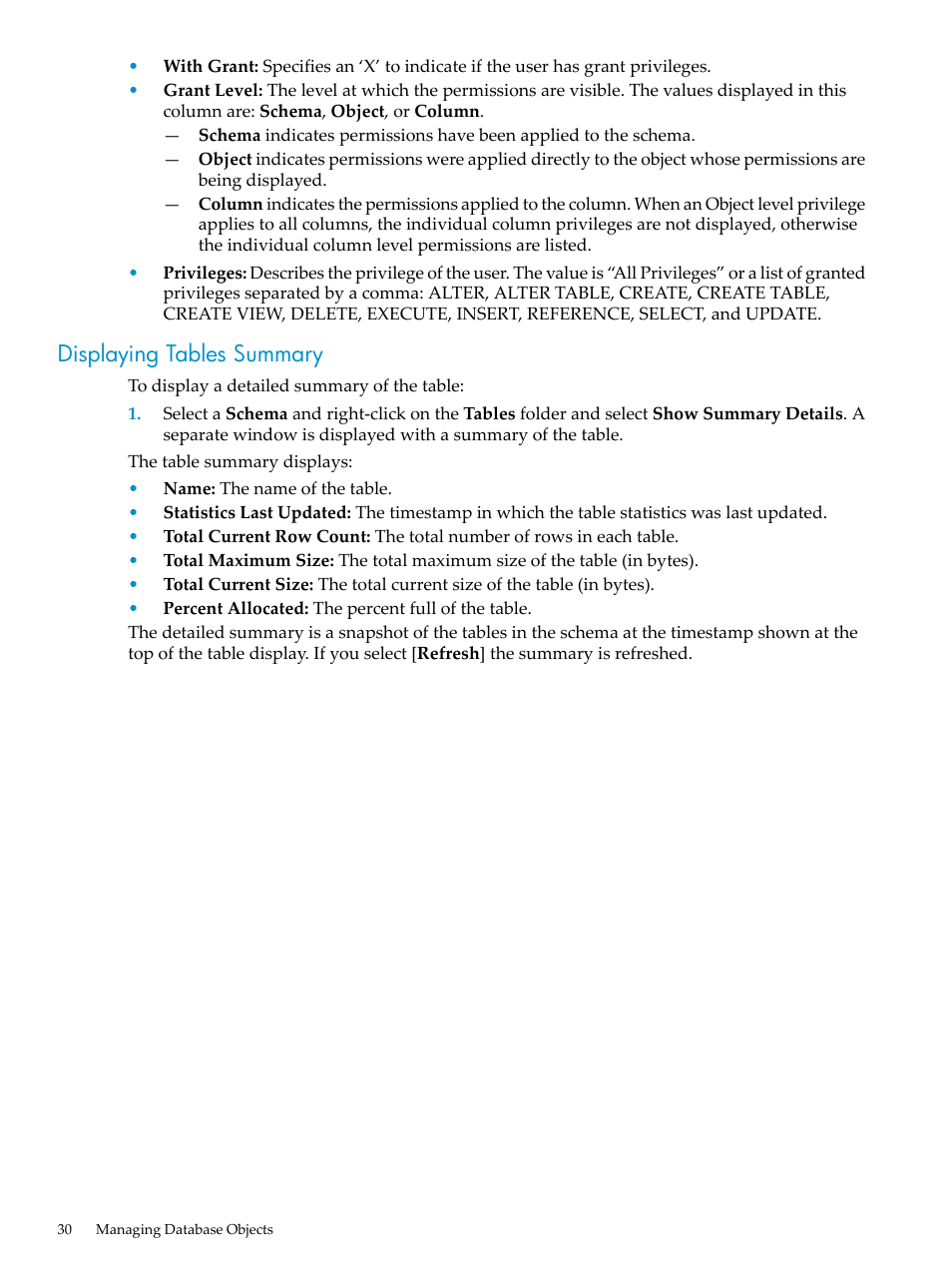 Displaying tables summary | HP Neoview Release 2.4 Software User Manual | Page 30 / 70