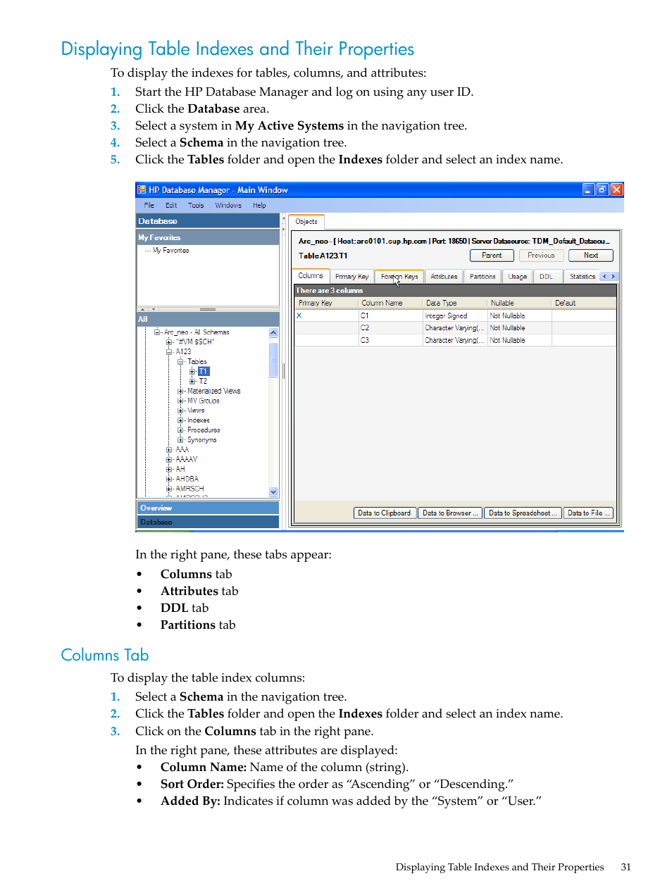 Displaying table indexes and their properties, Columns tab | HP Neoview Release 2.4 Software User Manual | Page 31 / 70