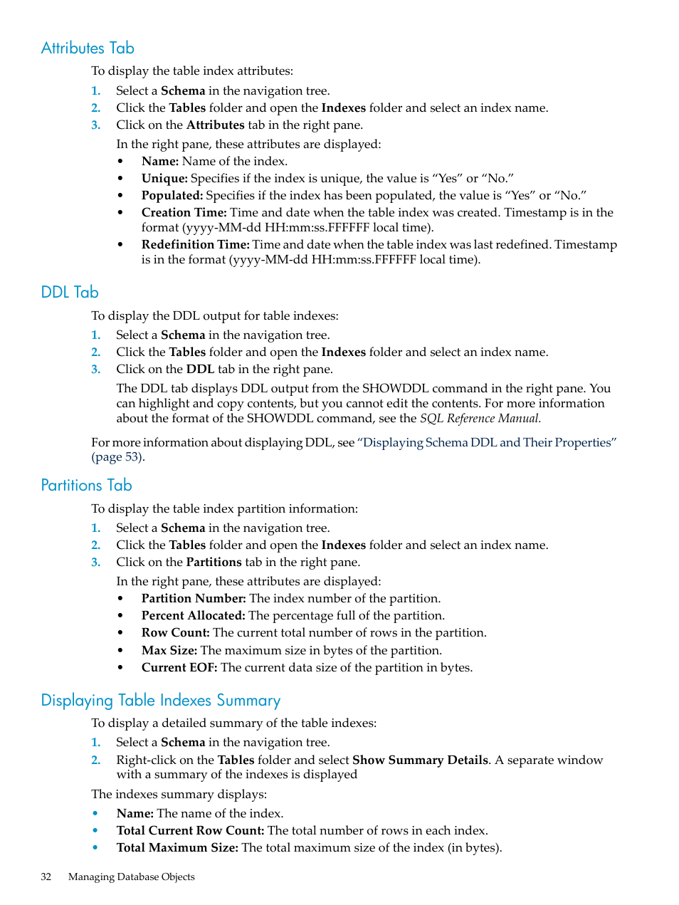 Attributes tab, Ddl tab, Partitions tab | Displaying table indexes summary | HP Neoview Release 2.4 Software User Manual | Page 32 / 70