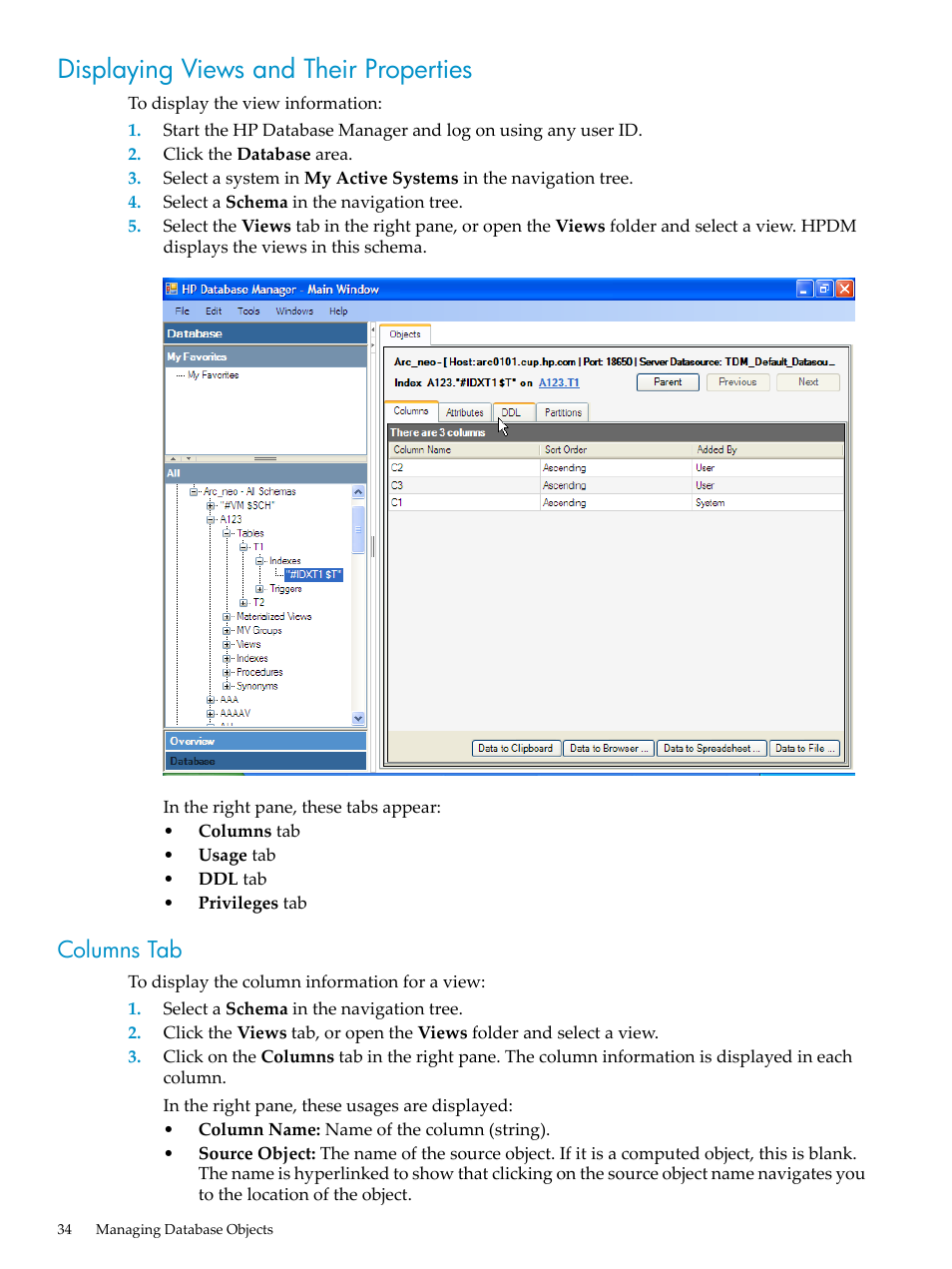 Displaying views and their properties, Columns tab | HP Neoview Release 2.4 Software User Manual | Page 34 / 70