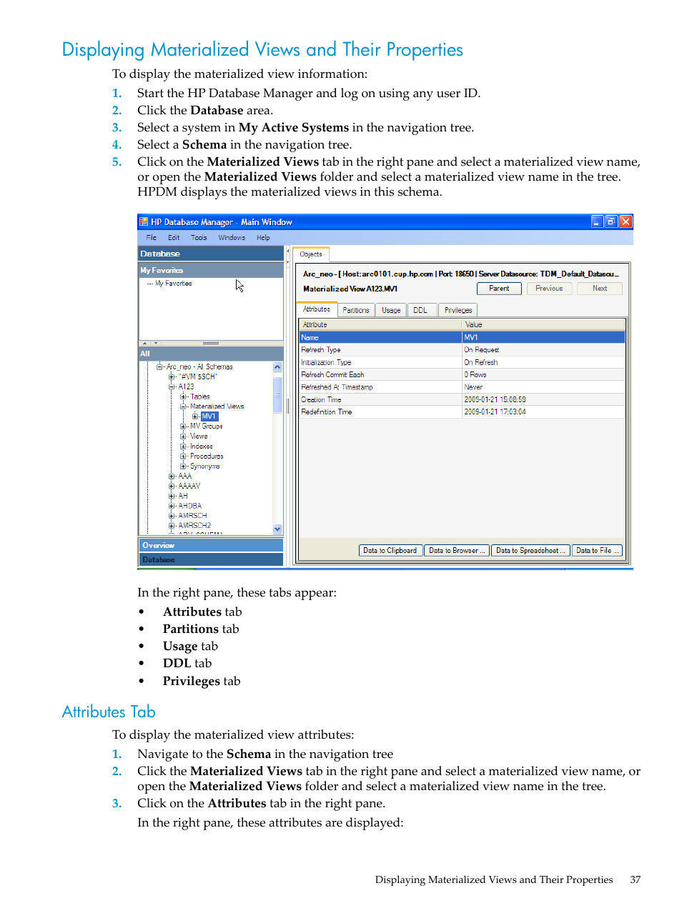 Displaying materialized views and their properties, Attributes tab | HP Neoview Release 2.4 Software User Manual | Page 37 / 70