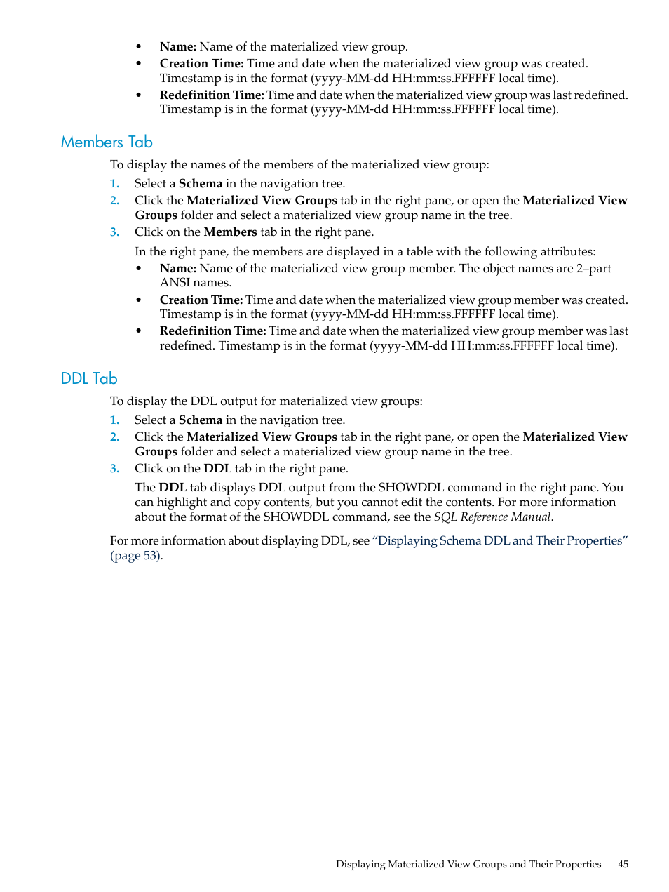 Members tab, Ddl tab, Members tab ddl tab | HP Neoview Release 2.4 Software User Manual | Page 45 / 70