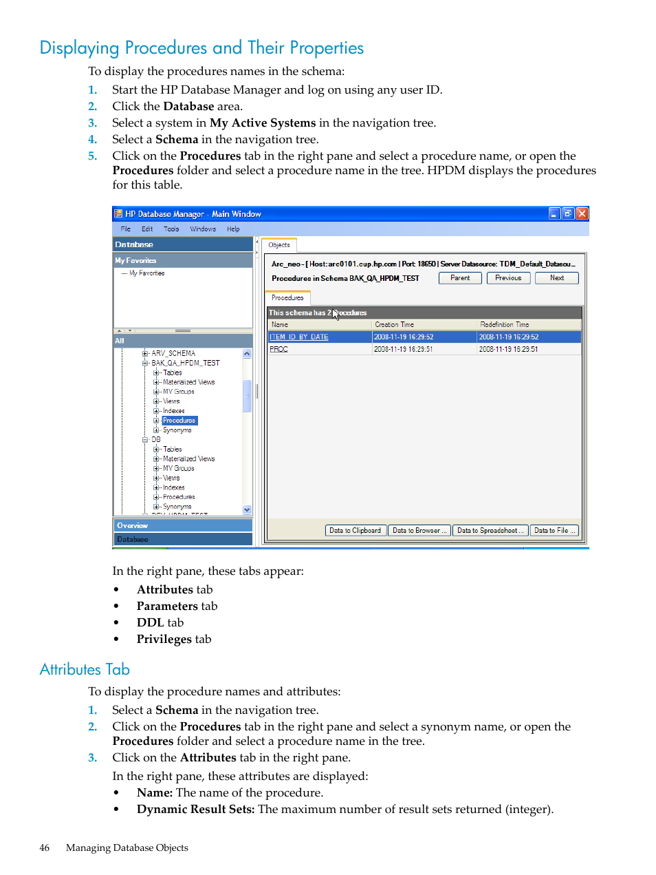 Displaying procedures and their properties, Attributes tab | HP Neoview Release 2.4 Software User Manual | Page 46 / 70