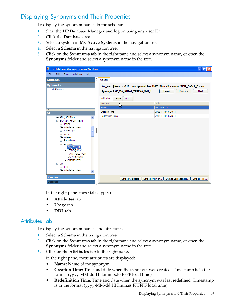 Displaying synonyms and their properties, Attributes tab | HP Neoview Release 2.4 Software User Manual | Page 49 / 70