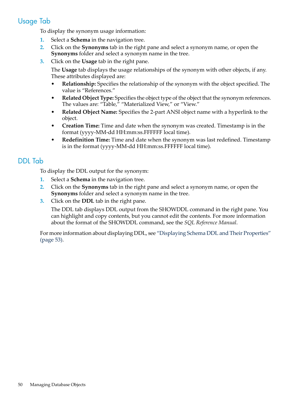 Usage tab, Ddl tab, Usage tab ddl tab | HP Neoview Release 2.4 Software User Manual | Page 50 / 70
