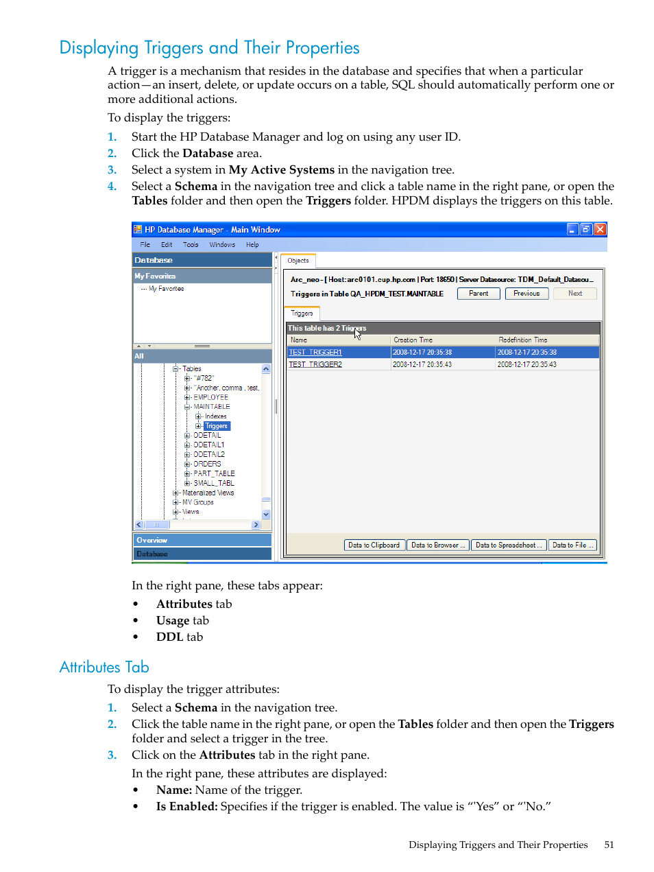 Displaying triggers and their properties, Attributes tab | HP Neoview Release 2.4 Software User Manual | Page 51 / 70