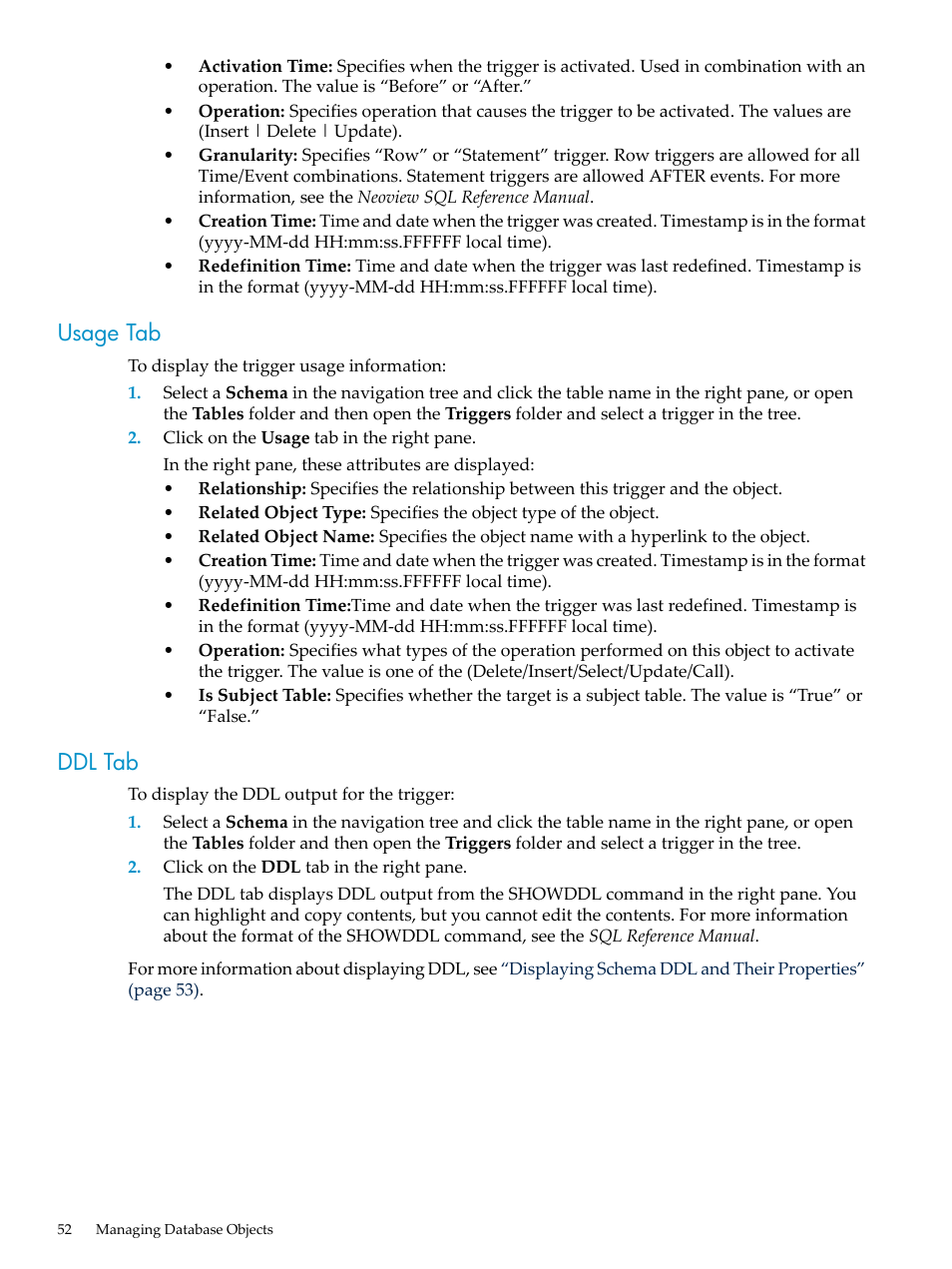 Usage tab, Ddl tab, Usage tab ddl tab | HP Neoview Release 2.4 Software User Manual | Page 52 / 70