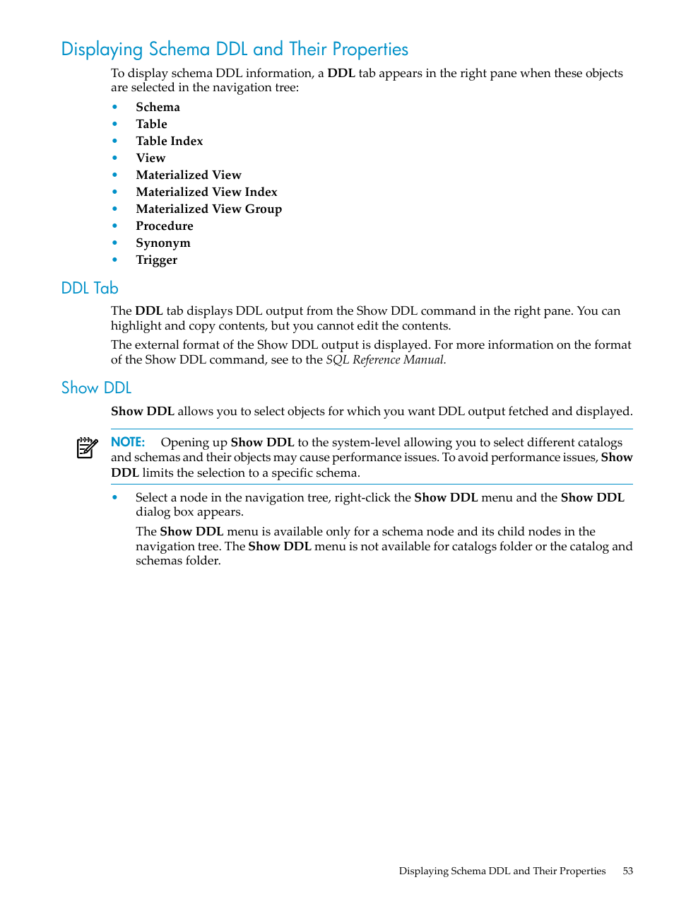 Displaying schema ddl and their properties, Ddl tab, Show ddl | Ddl tab show ddl | HP Neoview Release 2.4 Software User Manual | Page 53 / 70