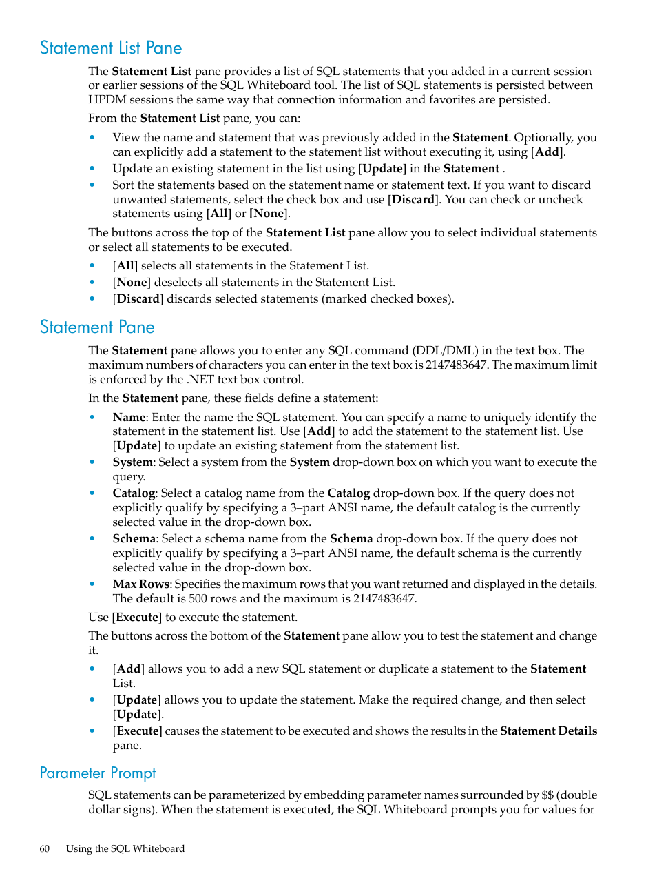 Statement list pane, Statement pane, Parameter prompt | Statement list pane statement pane | HP Neoview Release 2.4 Software User Manual | Page 60 / 70