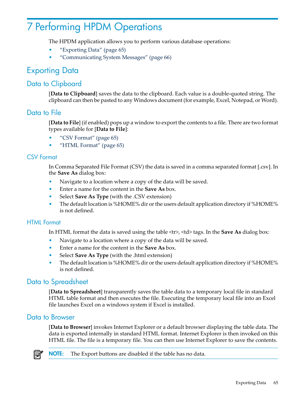 7 performing hpdm operations, Exporting data, Data to clipboard | Data to file, Csv format, Html format, Data to spreadsheet, Data to browser, Data to clipboard data to file, Csv format html format | HP Neoview Release 2.4 Software User Manual | Page 65 / 70