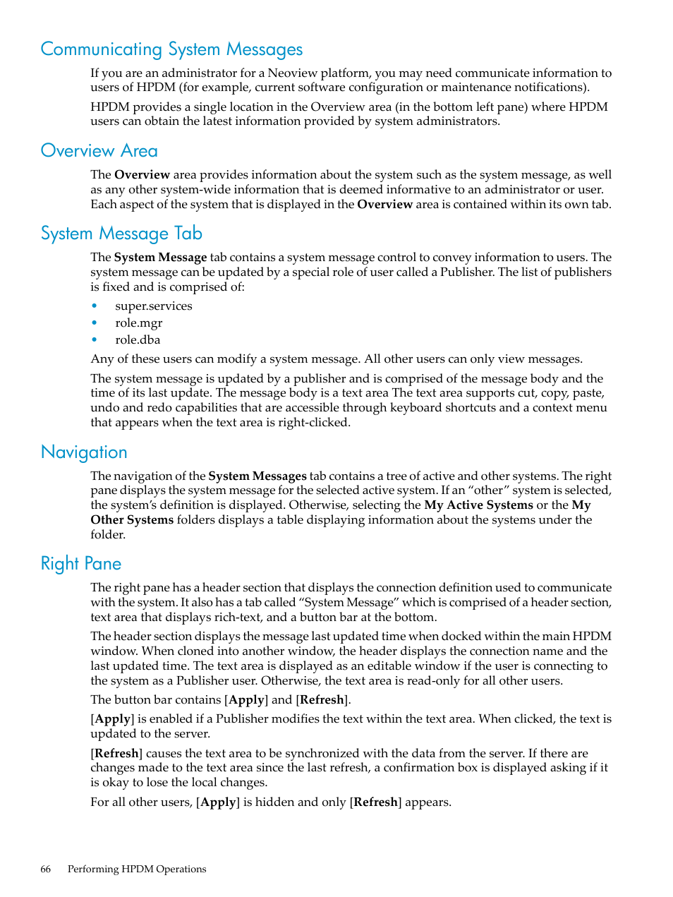 Communicating system messages, Overview area, System message tab | Navigation, Right pane | HP Neoview Release 2.4 Software User Manual | Page 66 / 70