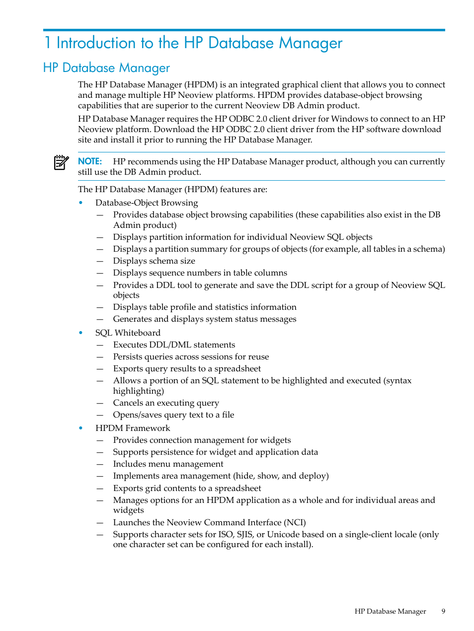 1 introduction to the hp database manager, Hp database manager | HP Neoview Release 2.4 Software User Manual | Page 9 / 70