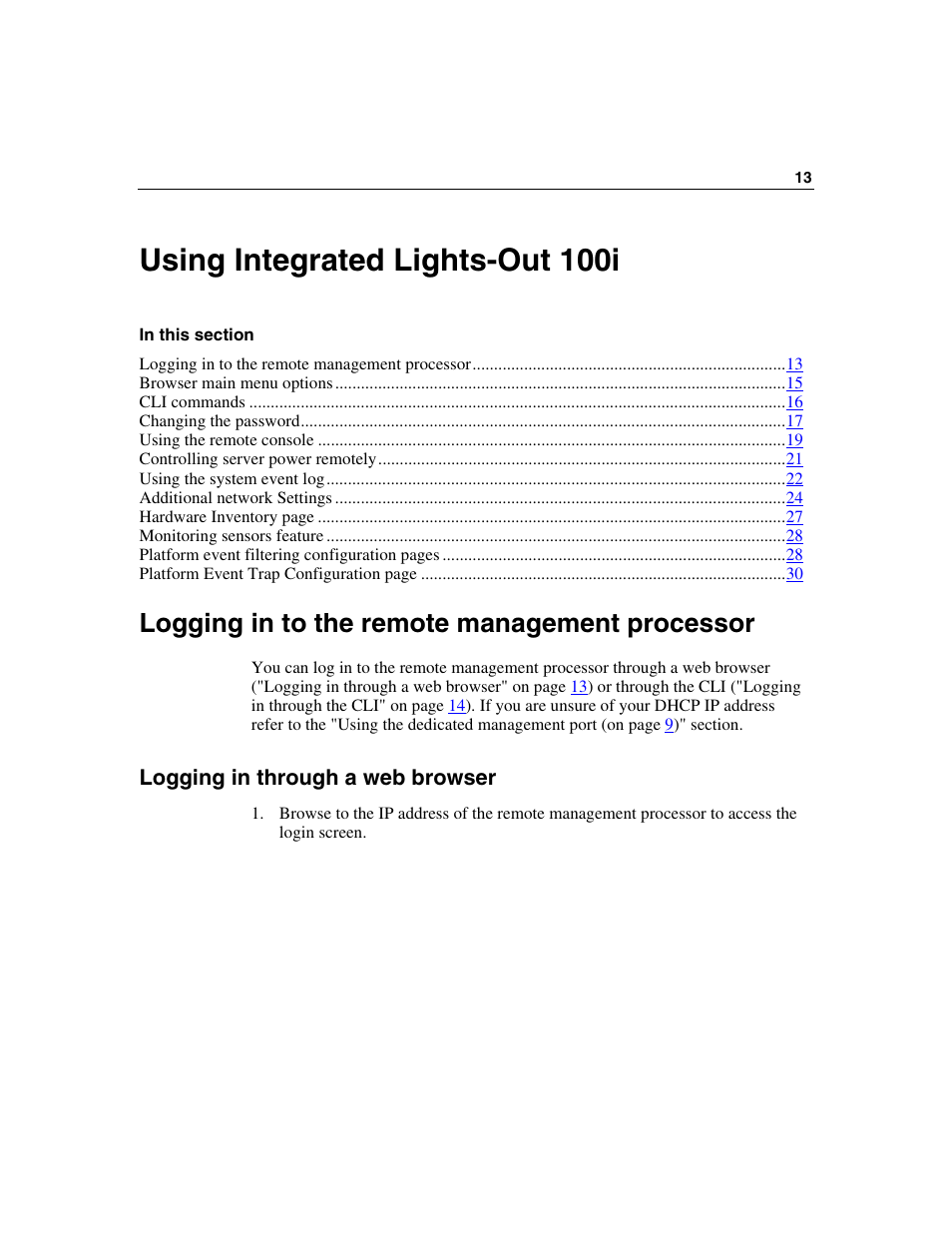 Using integrated lights-out 100i, Logging in to the remote management processor, Logging in through a web browser | HP Lights-Out 100 Remote Management User Manual | Page 13 / 36