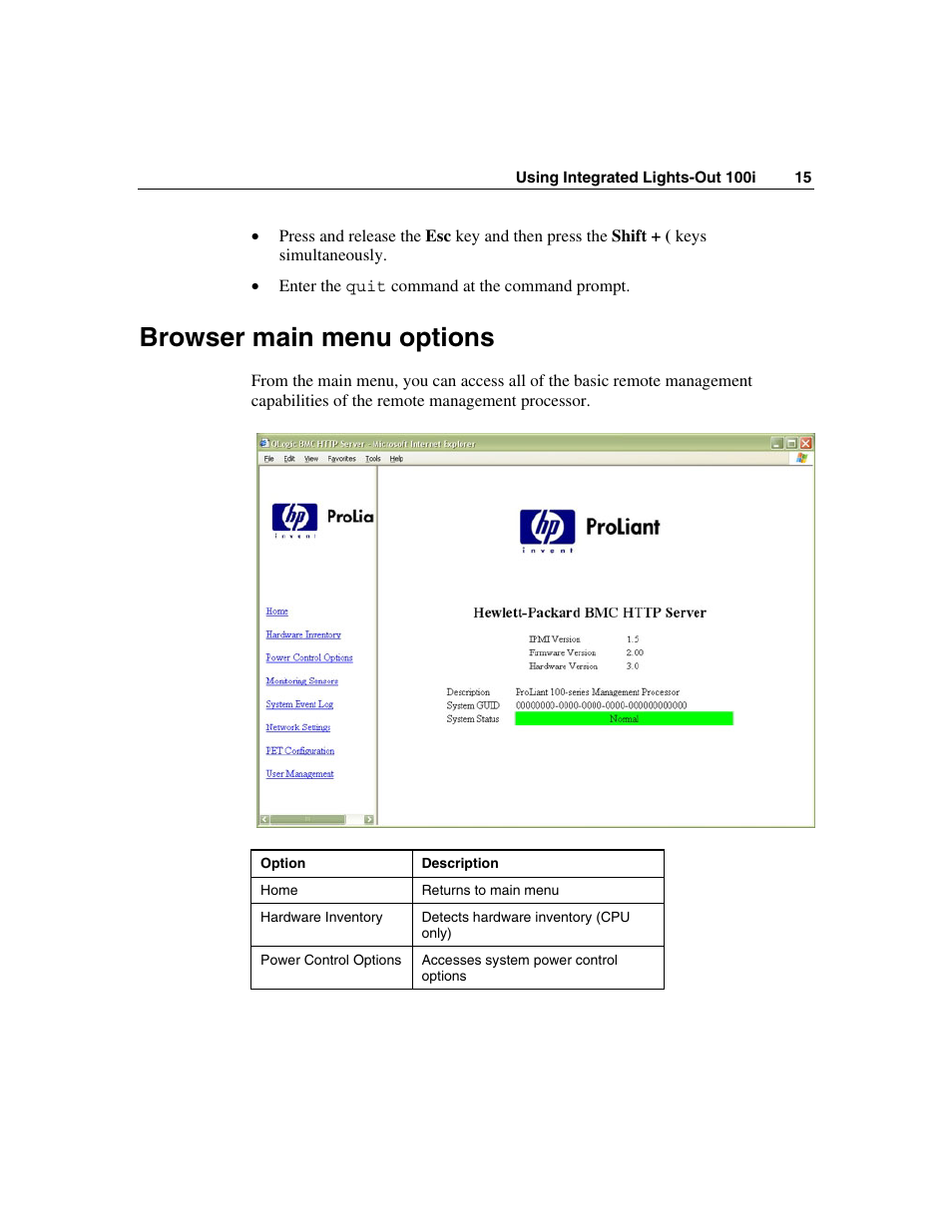 Browser main menu options | HP Lights-Out 100 Remote Management User Manual | Page 15 / 36