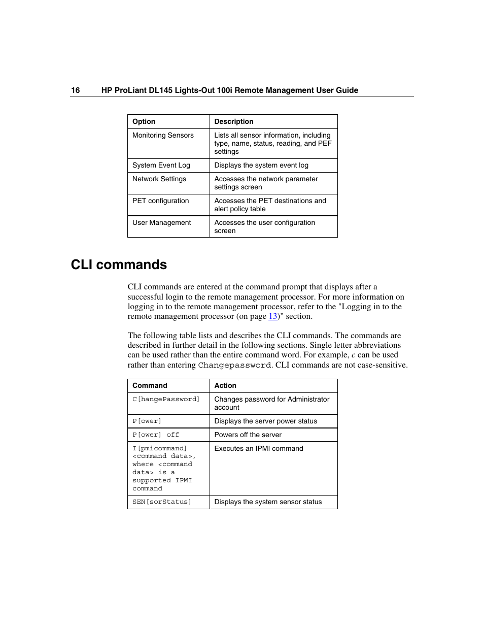 Cli commands | HP Lights-Out 100 Remote Management User Manual | Page 16 / 36
