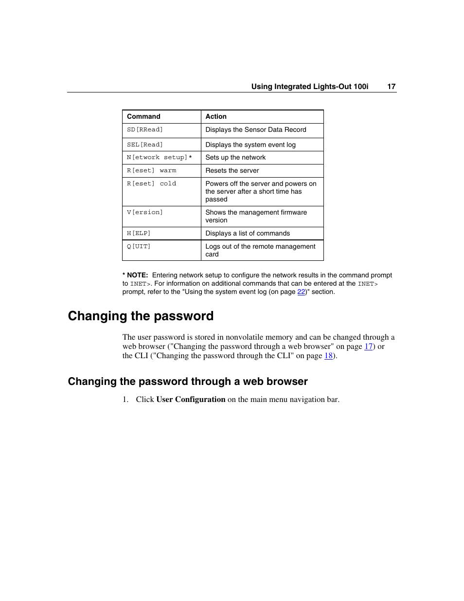 Changing the password, Changing the password through a web browser | HP Lights-Out 100 Remote Management User Manual | Page 17 / 36