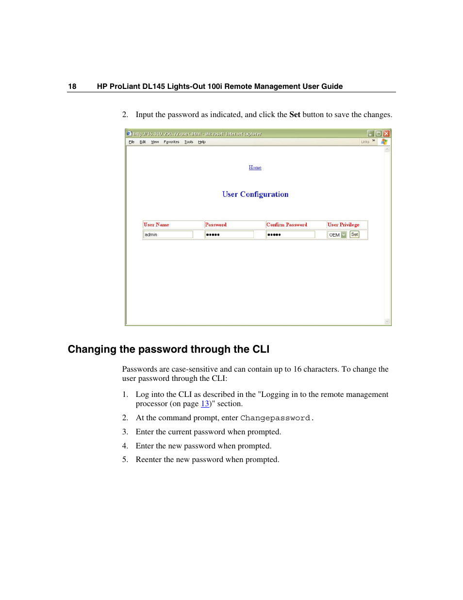 Changing the password through the cli | HP Lights-Out 100 Remote Management User Manual | Page 18 / 36