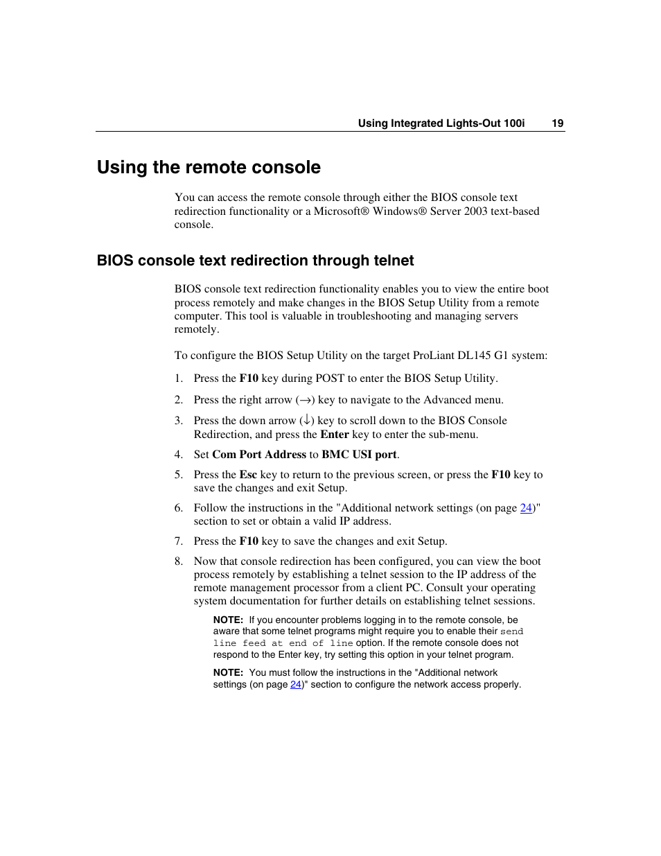 Using the remote console, Bios console text redirection through telnet | HP Lights-Out 100 Remote Management User Manual | Page 19 / 36