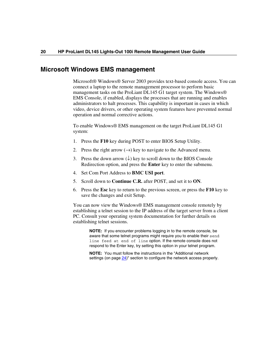 Microsoft windows ems management | HP Lights-Out 100 Remote Management User Manual | Page 20 / 36