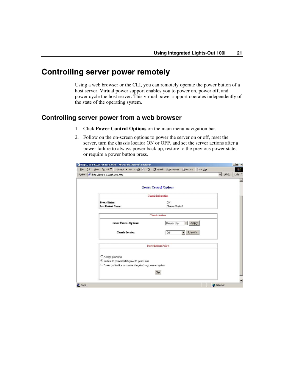 Controlling server power remotely, Controlling server power from a web browser | HP Lights-Out 100 Remote Management User Manual | Page 21 / 36
