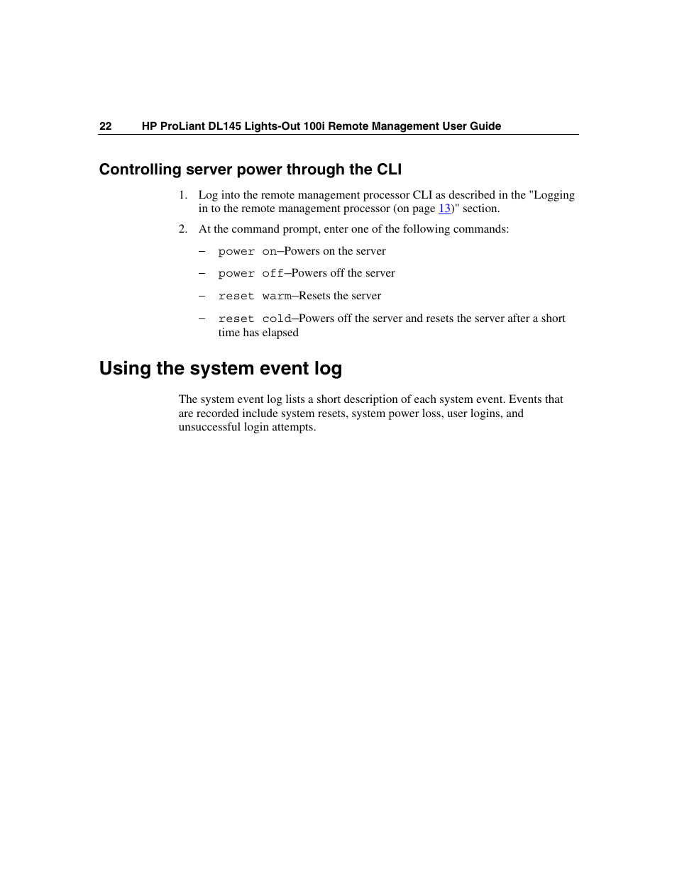 Controlling server power through the cli, Using the system event log, Section | HP Lights-Out 100 Remote Management User Manual | Page 22 / 36