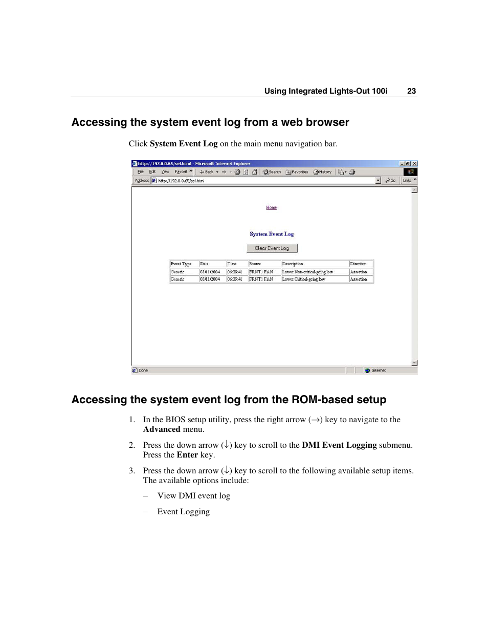 Accessing the system event log from a web browser | HP Lights-Out 100 Remote Management User Manual | Page 23 / 36
