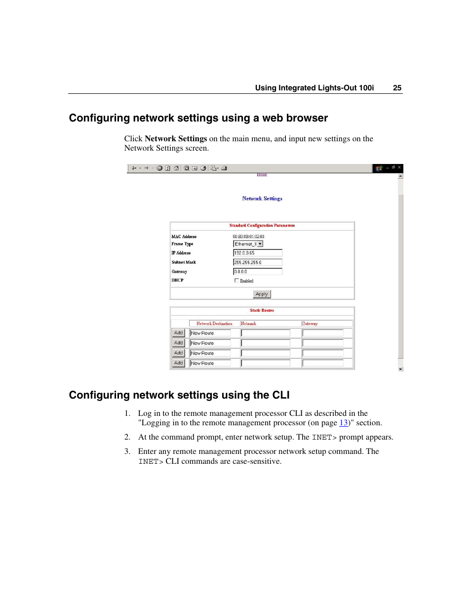 Configuring network settings using a web browser, Configuring network settings using the cli | HP Lights-Out 100 Remote Management User Manual | Page 25 / 36