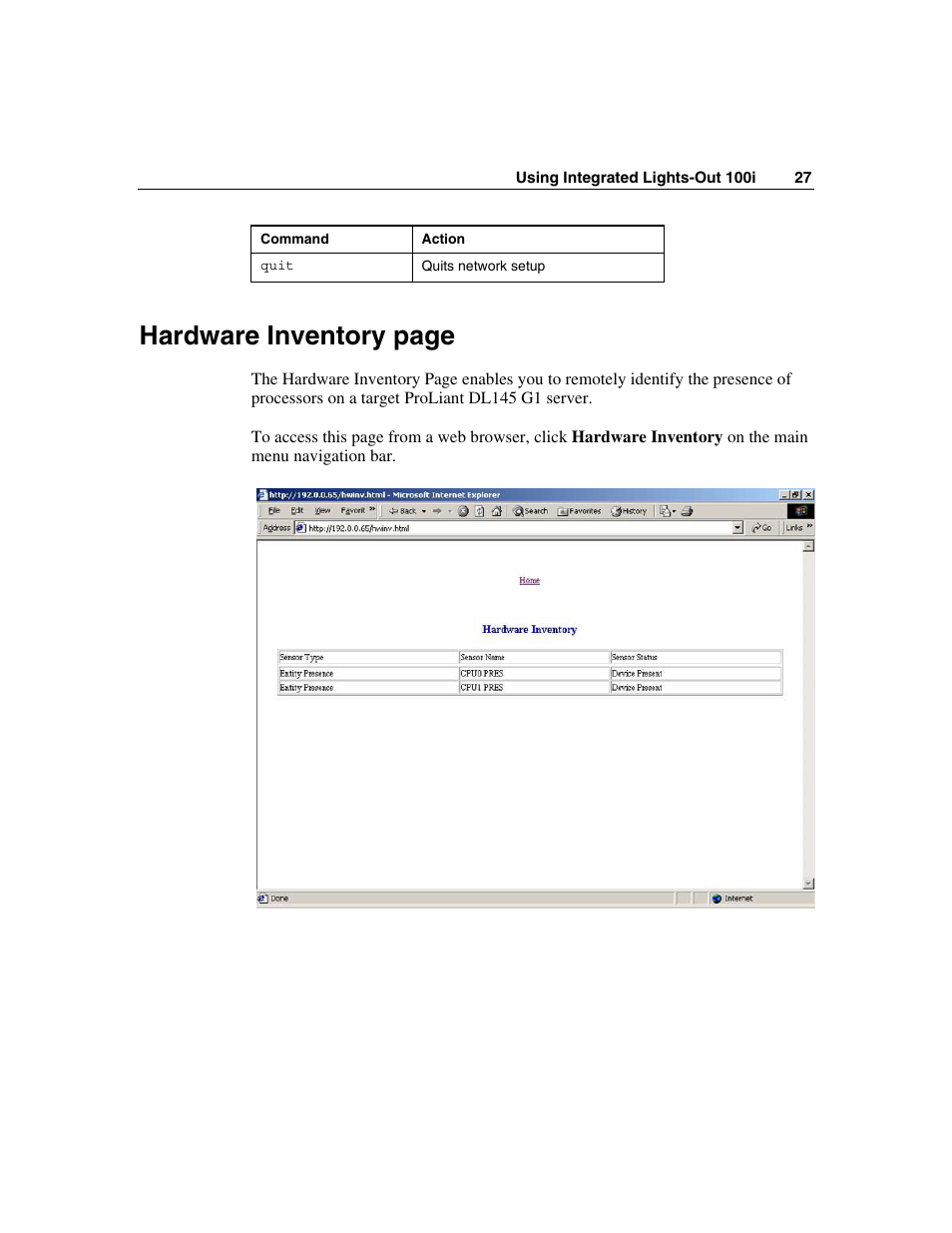 Hardware inventory page | HP Lights-Out 100 Remote Management User Manual | Page 27 / 36