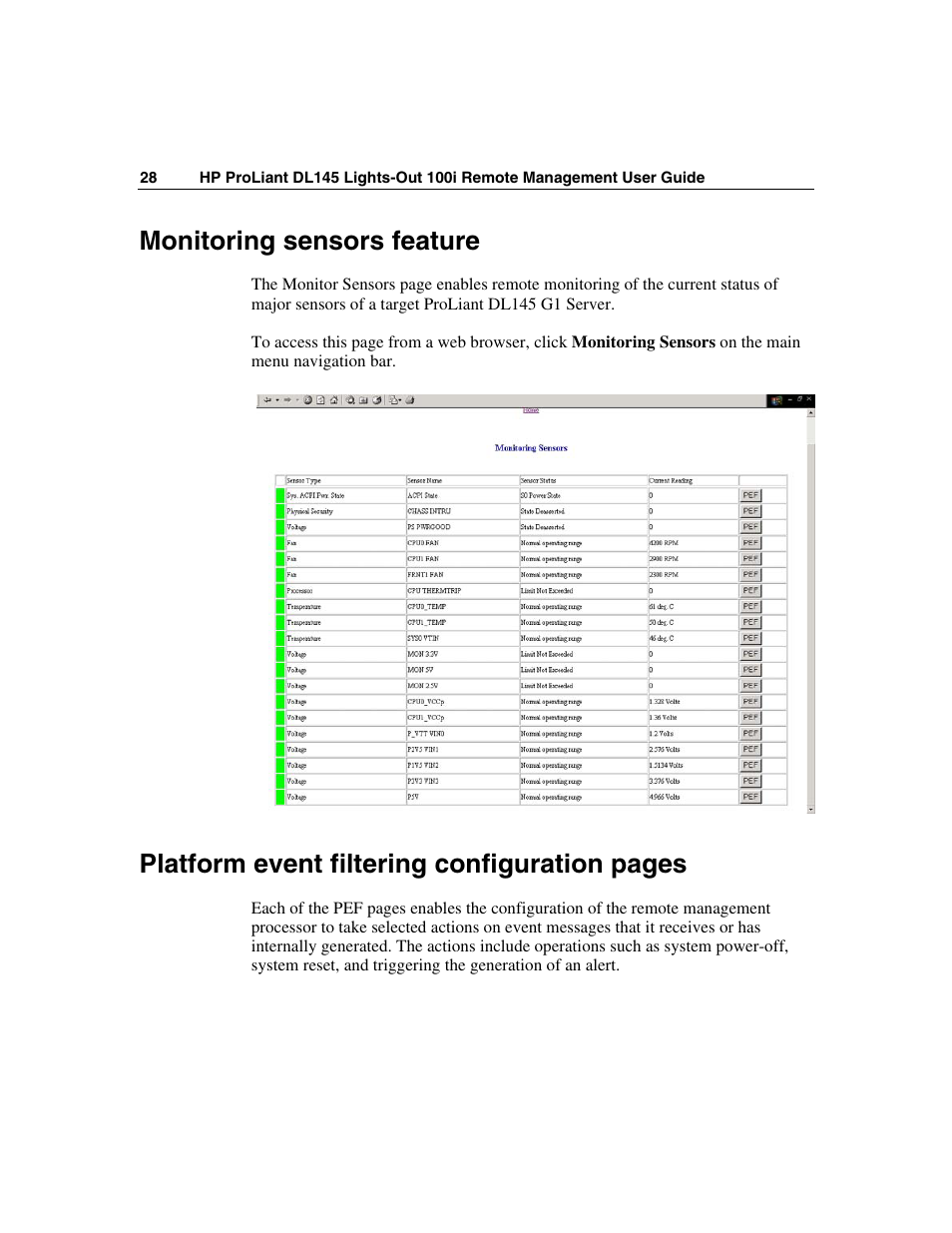 Monitoring sensors feature, Platform event filtering configuration pages | HP Lights-Out 100 Remote Management User Manual | Page 28 / 36