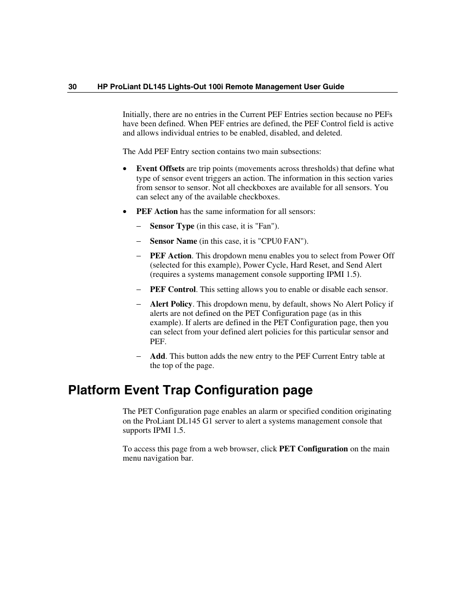 Platform event trap configuration page | HP Lights-Out 100 Remote Management User Manual | Page 30 / 36