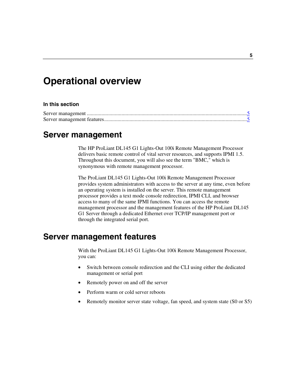 Operational overview, Server management, Server management features | HP Lights-Out 100 Remote Management User Manual | Page 5 / 36