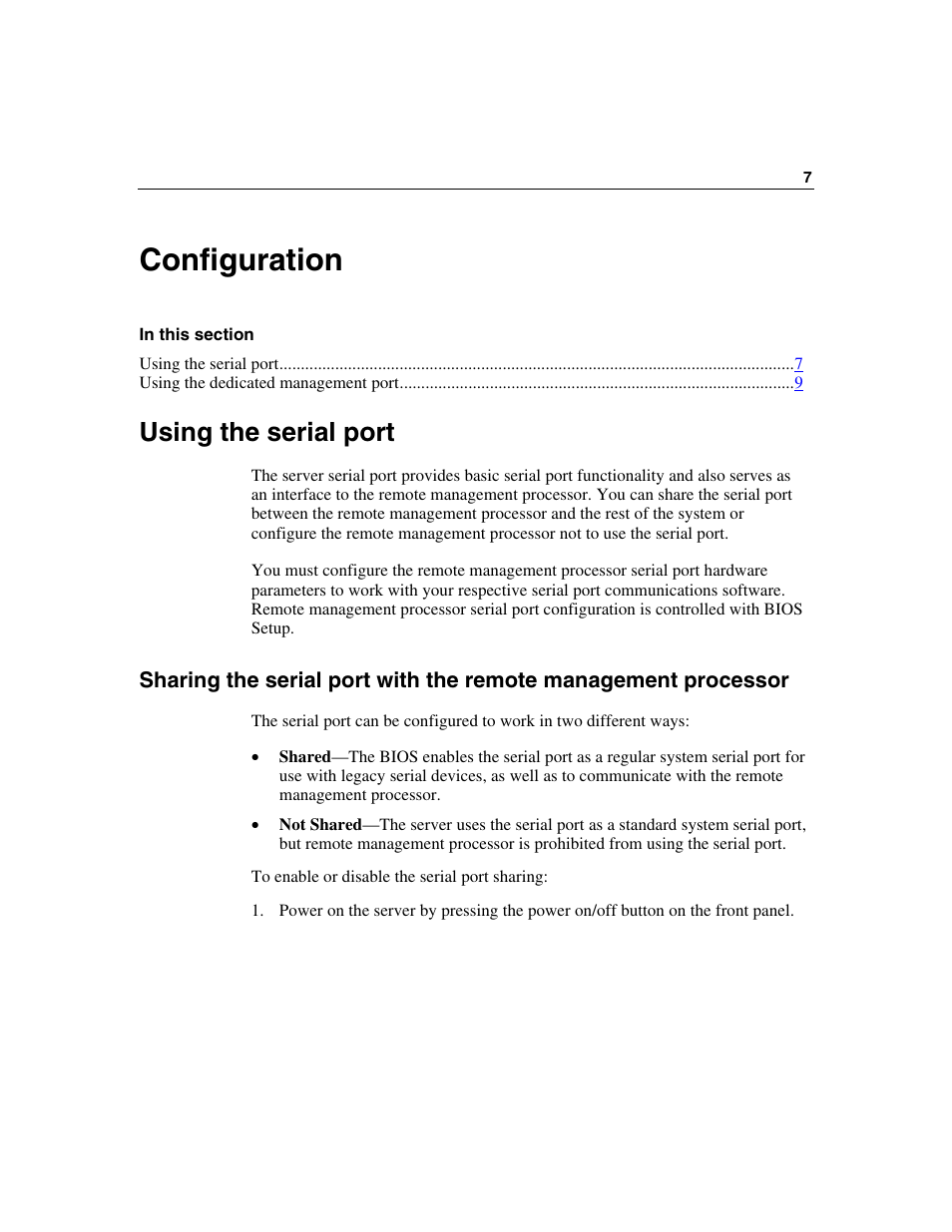 Configuration, Using the serial port, Configuration 7 | HP Lights-Out 100 Remote Management User Manual | Page 7 / 36