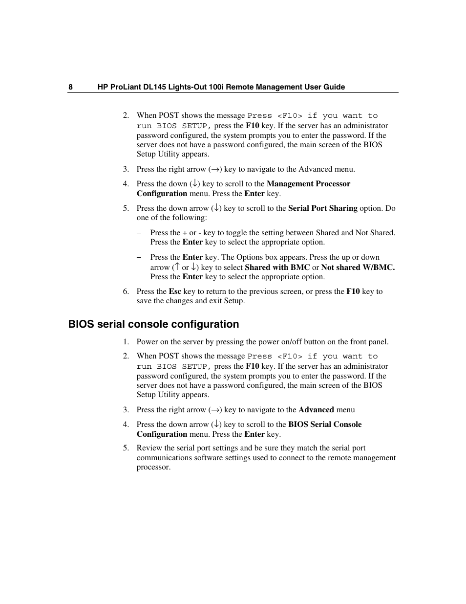 Bios serial console configuration | HP Lights-Out 100 Remote Management User Manual | Page 8 / 36