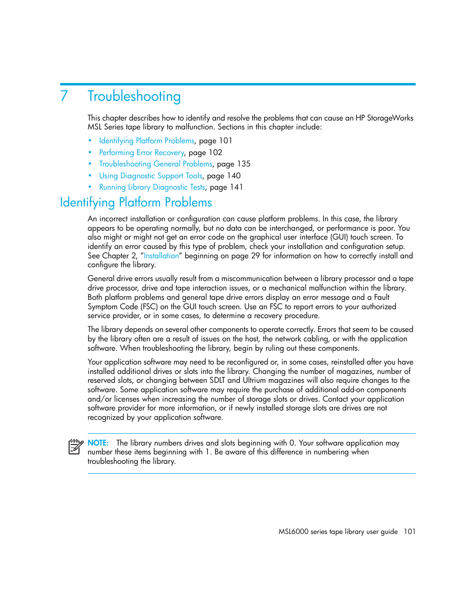 Troubleshooting, Identifying platform problems, 7 troubleshooting | Beginni, Begi, 7troubleshooting | HP StorageWorks MSL6000 Tape Library User Manual | Page 101 / 182