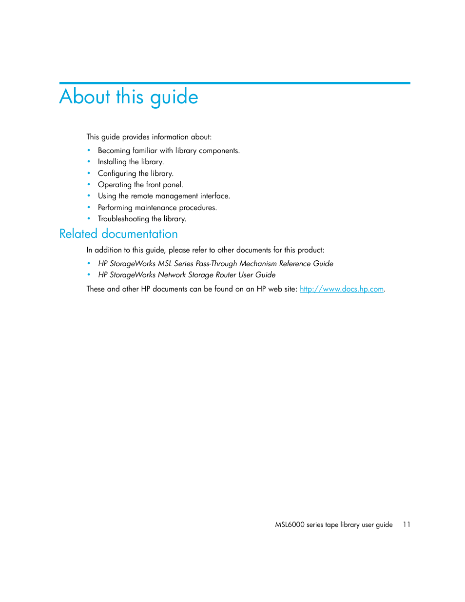 HP StorageWorks MSL6000 Tape Library User Manual | Page 11 / 182