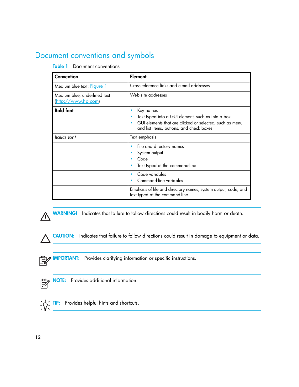 Document conventions and symbols, Table 1 document conventions, 1 document conventions | HP StorageWorks MSL6000 Tape Library User Manual | Page 12 / 182