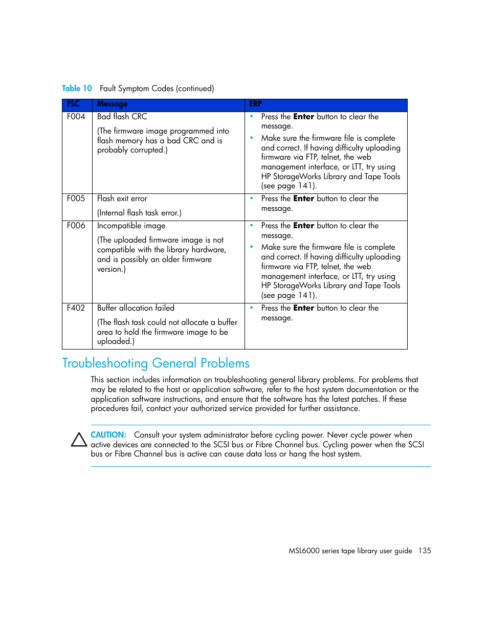 Troubleshooting general problems, Troubleshooting, General problems | HP StorageWorks MSL6000 Tape Library User Manual | Page 135 / 182