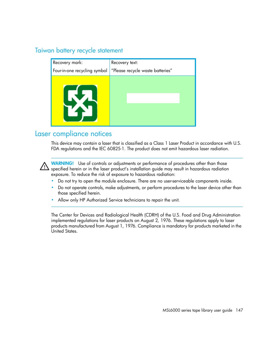 Taiwan battery recycle statement, Laser compliance notices, 廢電池請回收 | HP StorageWorks MSL6000 Tape Library User Manual | Page 147 / 182