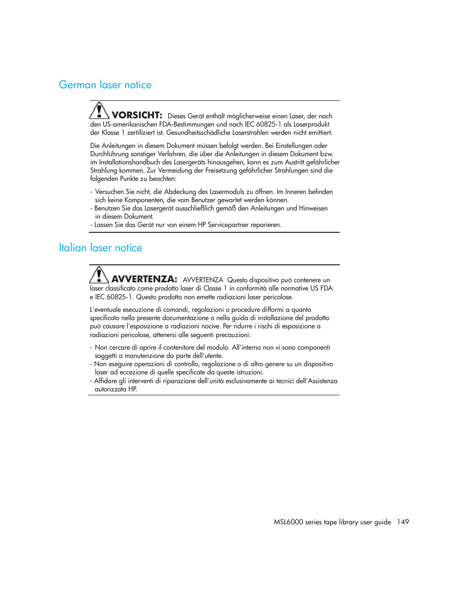 German laser notice, Italian laser notice, German laser notice italian laser notice | HP StorageWorks MSL6000 Tape Library User Manual | Page 149 / 182