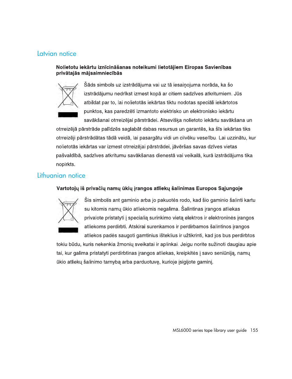 Latvian notice, Lithuanian notice | HP StorageWorks MSL6000 Tape Library User Manual | Page 155 / 182