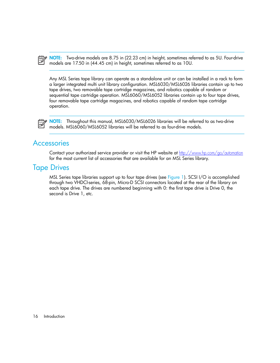 Accessories, Tape drives | HP StorageWorks MSL6000 Tape Library User Manual | Page 16 / 182