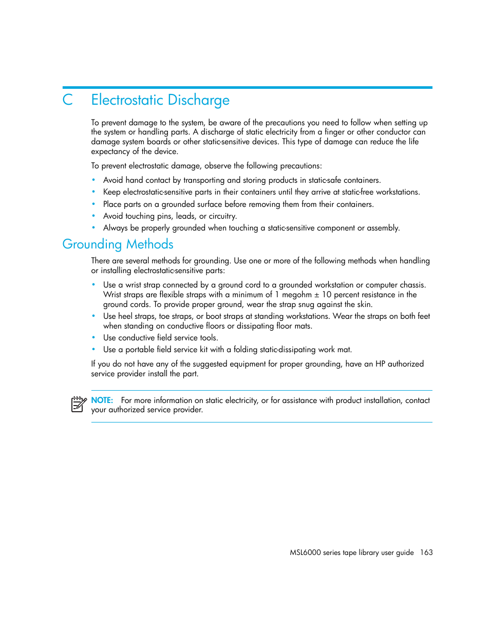 Electrostatic discharge, Grounding methods, C electrostatic discharge | HP StorageWorks MSL6000 Tape Library User Manual | Page 163 / 182