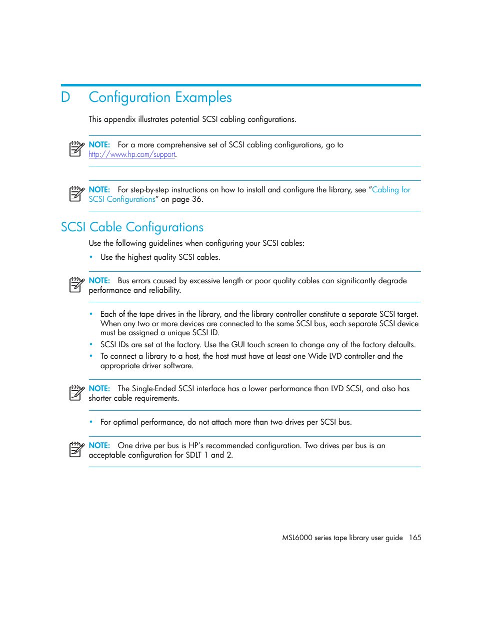 Configuration examples, Scsi cable configurations, D configuration examples | Dconfiguration examples | HP StorageWorks MSL6000 Tape Library User Manual | Page 165 / 182