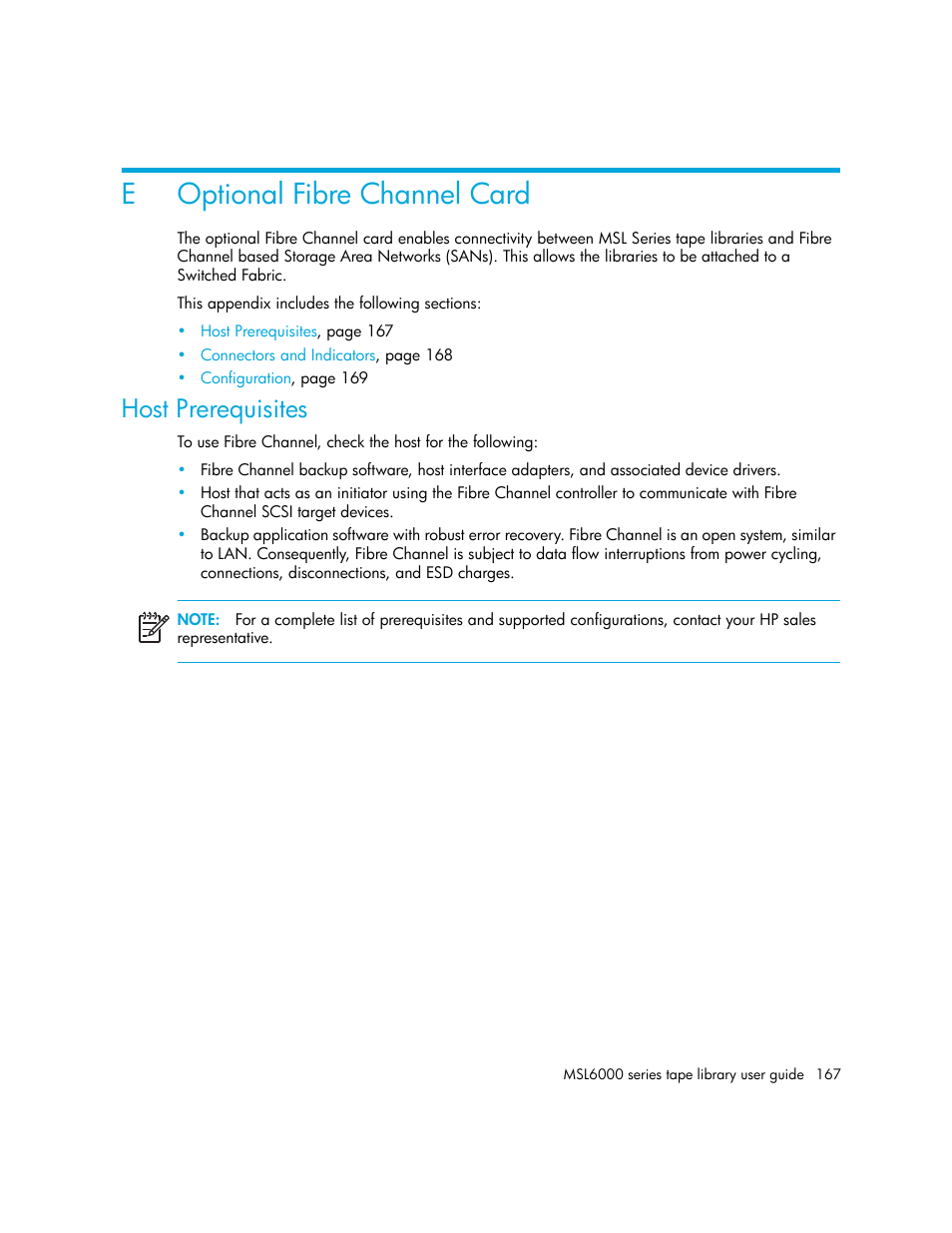 Optional fibre channel card, Host prerequisites, E optional fibre channel card | Eoptional fibre channel card | HP StorageWorks MSL6000 Tape Library User Manual | Page 167 / 182