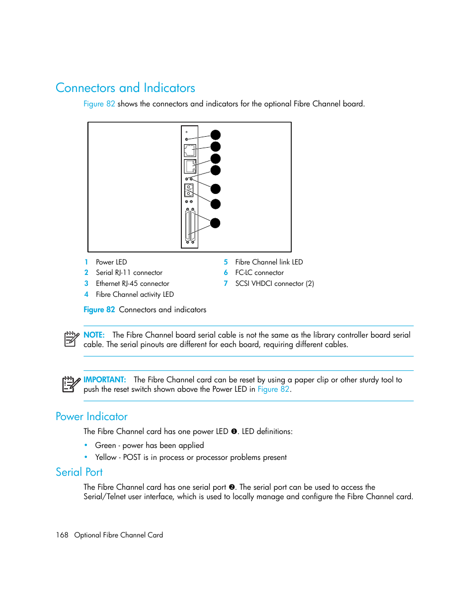 Connectors and indicators, Figure 82 connectors and indicators, Power indicator | Serial port, 82 connectors and indicators | HP StorageWorks MSL6000 Tape Library User Manual | Page 168 / 182